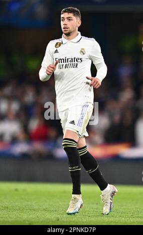 England, London -18 April 2023 - Federico Valverde of Real Madrid during the UEFA Champions League quarter-final 2nd leg match between Chelsea FC and Stock Photo