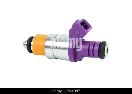 Close-up on a car fuel injector for supplying gasoline to cylinder engine on a white isolated background. Spare parts catalog. Stock Photo