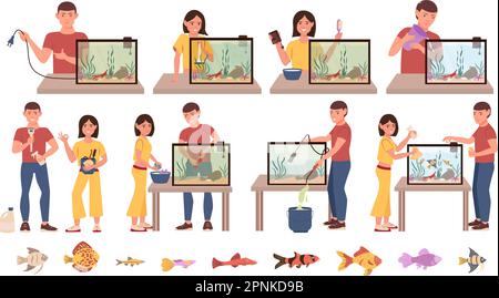 Aquarium clean care flat set with isolated icons of exotic fishes and people with aquarium equipment vector illustration Stock Vector