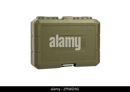 Green tool case. Khaki Weapon case isolated on white background. Stock Photo