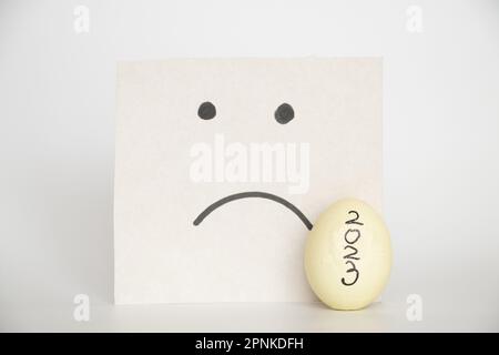 2023 written on a cracked white chicken egg and a card with a drawn sad smile on white, 2023 and a bad mood Stock Photo