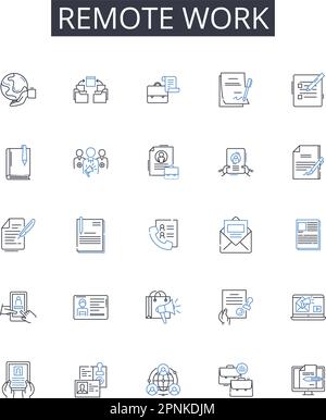 Remote work line icons collection. Virtual learning, Online shopping, Digital banking, Mobile gaming, Social nerking, Multi-tasking, Search engine Stock Vector