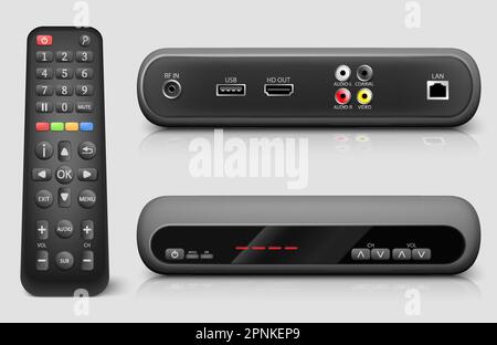 Front and back view of digital TV setup box with remote controller realistic vector illustration Stock Vector