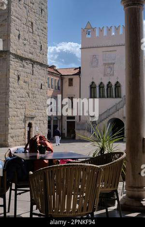 Tito Square the main square of Koper,Slovenia surrounded by palaces, bell tower and cathedral in Venetian architectural style Stock Photo