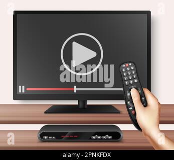 Modern television technology realistic background with smart TV  and remote controller in human hand stopping video transmission vector illustration Stock Vector