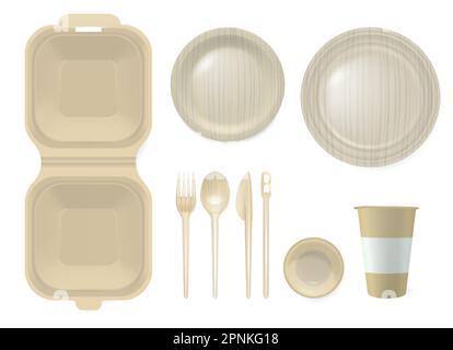 Disposable tableware realistic set of plastic cup fork spoon plate and lunchbox isolated vector illustration Stock Vector