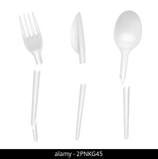 Disposable tableware realistic set of broken white plastic knife fork and spoon isolated vector illustration Stock Vector