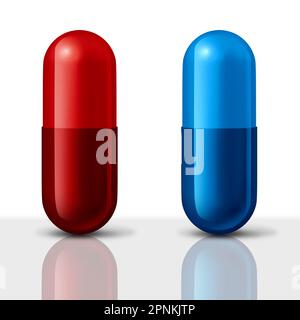 Generic drug And Brand Medication as a Red and blue pill choice medication capsules as a symbol of choosing between low priced generics Stock Photo