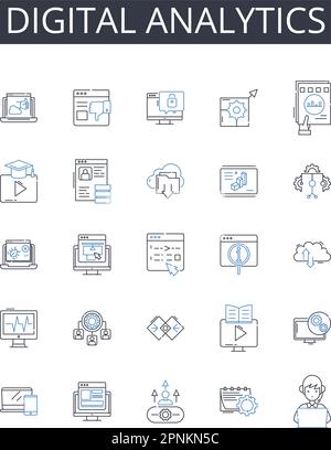 Digital analytics line icons collection. Information technology, Social media, Online programming, Data management, Internet marketing, Artificial Stock Vector
