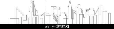 Continuous line drawing of house, residential building concept. Panoramic landscape of metropolis architecture, skyscrapers. Stock Vector