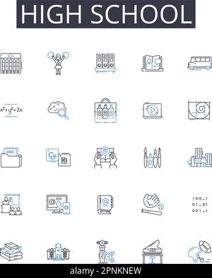 High school line icons collection. Presentation, Seminar, Lesson, Workshop, Discussion, Talk, Address vector and linear illustration. Demonstration Stock Vector