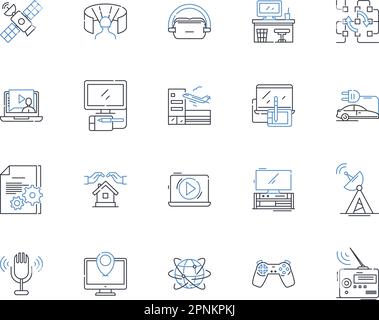 Computer accessories line icons collection. Keyboard, Mouse, Speaker, Headset, Webcam, Microph, Monitor vector and linear illustration. Docking Stock Vector