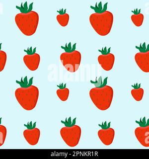 Strawberry seamless vector pattern. Red strawberries and green leaves on blue background. Vector Stock Vector