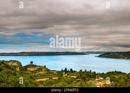 Meadows at Canal Dalcahue, Chiloe Island, Chile Stock Photo