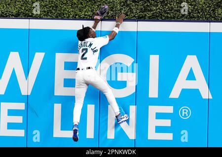 Miami Marlins center fielder Jazz Chisholm Jr. (2) is shown during a  baseball game against the Atlanta Braves Wednesday, April 26, 2023, in  Atlanta. (AP Photo/John Bazemore Stock Photo - Alamy