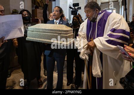 NASHVILLE, TENNESSEE - APRIL 17: U.S. Rep ?Justin Jones (??D-Nashville?)? attempts to bring an empty casket into the Tennessee Capitol chamber with Bishop William Barber II, during a ?'Moral Monday?'? rally to address gun violence on April 17, 2023 in Nashville, Tennessee. In the wake of the March shooting at The Covenant School, in the Green Hills neighborhood of Nashville, organizations have mobilized around U.S. Rep ?Justin Jones? (?D-Nashville?), and ?U.S. Rep ?Justin J. Pearson? (??D-Memphis?)? ?who ?have drawn? ?national attention? ?pushing for gun safety laws. (Photo by Michael Nigro/S Stock Photo