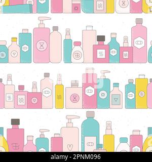 Bright cartoon cosmetic bottles, jars. Eco face cream tubes, cleanser, soap for bath, oil scrub, lotion facial gel seamless pattern. Stock Vector