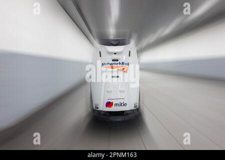 A Network Rail Mitie robot cleaner cleans at Waterloo Station in London Stock Photo