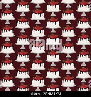 chocolate drip cake with burning strawberries seamless pattern on red background. Happy Birthday. Vector Illustration Stock Vector