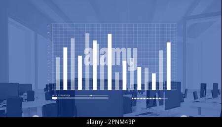 Image of statistical data processing against empty office Stock Photo