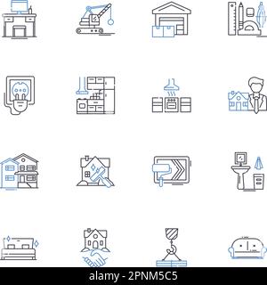 Kitchen renovation line icons collection. Cabinets, Countertops, Backsplash, Sink, Faucet, Lighting, Appliances vector and linear illustration Stock Vector