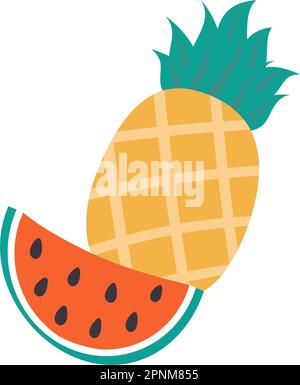 Bright seamless summer pattern of pineapple in sunglasses, watermelon slices and cocktail with mint, strawberry and monstera leaves and flowers. Isolate. Design for wallpaper, web or banner, card. EPS Stock Vector