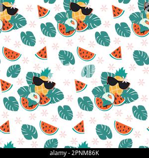 Bright seamless summer pattern of pineapple in sunglasses, watermelon slices and cocktail with mint, strawberry and monstera leaves and flowers. Isolate. Design for wallpaper, web or banner, card. EPS Stock Vector