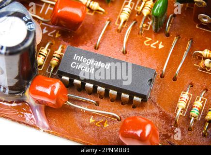 Close up macro of IC integrated circuit on electronic circuit board, Electronics part concept. Stock Photo