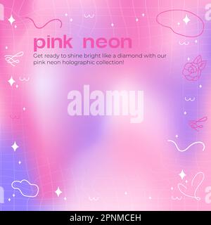 Pastel Pink Neon Holographic Mesh Gradient Abstract Background with Copy Space and Hand-drawn Kawaii Y2K Elements - Smooth and Rounded Line Art Square Stock Vector