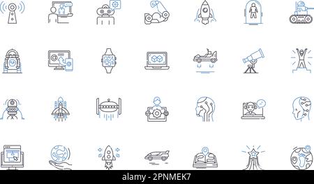 Technological Advances line icons collection. Robotics, Nanotechnology, Augmented Reality, Virtual Reality, Artificial Intelligence, Quantum Computing Stock Vector