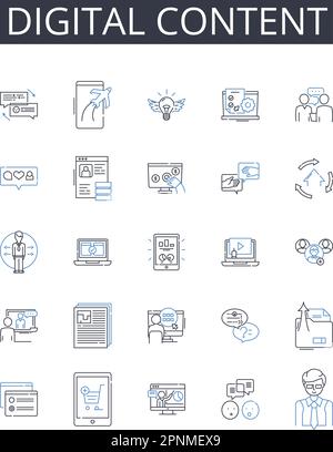 Digital content line icons collection. Online presence, Electronic media, Virtual assets, Cyber information, Web data, Computerized material Stock Vector