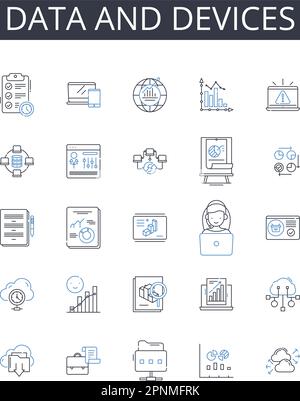 Data and devices line icons collection. Information and gadgets, Stats and tools, Facts and equipment, Figures and instruments, Records and machinery Stock Vector