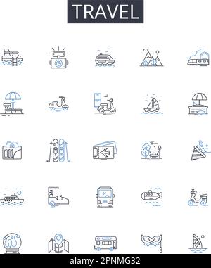 Travel line icons collection. Journey, Voyage, Trek, Expedition, Odyssey, Adventure, Excursion vector and linear illustration. Pilgrimage,Touring Stock Vector