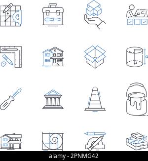 Architectural tools line icons collection. lueprints, Sketches, Drawings, Measurements, Protractor, T-square, Scale vector and linear illustration Stock Vector