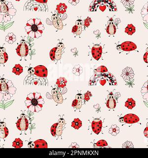 Seamless pattern with cute ladybugs with flowers and rainbow on light background. Vector illustration. Endless background for decor, design, textiles, Stock Vector