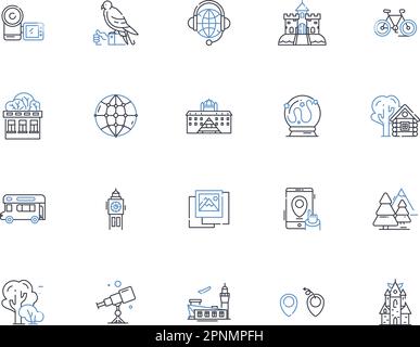 Faraway sightseeing line icons collection. Adventure, Exotic, Wanderlust, Isolation, Scenic, Serene, Mystical vector and linear illustration. Remote Stock Vector
