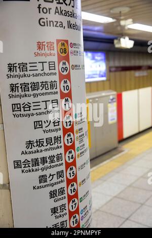 Tokyo railway network April 2023, M red line and list of stations on route map attached to subway metro column,Japan,Asia Stock Photo