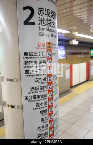 Tokyo railway network April 2023, M red line and list of stations on route map attached to subway metro column,Japan,Asia Stock Photo