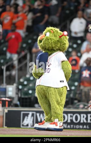 HOUSTON, TX - APRIL 24: Houston Astros fans hold up signs for the mascot  Orbit on his birthday celebration during the baseball game between the  Toronto Blue Jays and Houston Astros on