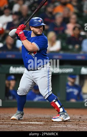 Toronto Blue Jays Catcher Alejandro Kirk 30 Hits A Single Against The Toronto Blue Jays Catcher Alejandro Kirk 30 During The Mlb Game Between The Toronto Blue Jays And The Houston Astros On Tuesday April 18 2023 At M 2pnmrck