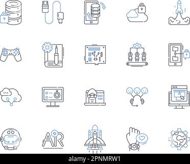 Information defense line icons collection. Encryption, Firewall, Cybersecurity, Privacy, Hackers, Breach, Malware vector and linear illustration Stock Vector