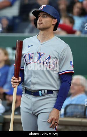 KANSAS CITY, MO - APRIL 18: Kansas City Royals center fielder Kyle Isbel  (28) during an MLB game between the Texas Rangers and Kansas City Royals on  April 18, 2023 at Kauffman