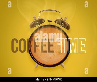 Hot coffee in a retro alarm clock. coffee time concept Stock Photo