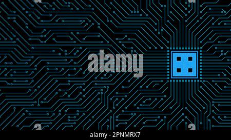 circuit board with blue line and chip processor in the right side Stock Photo