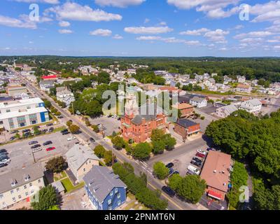 Cumberland Town Hall aerial view at 45 Broad Street in historic town center of Cumberland, Rhode Island RI, USA. Stock Photo