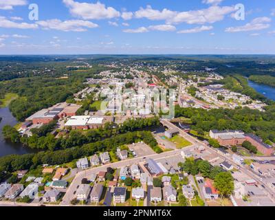 Cumberland historic town center aerial view on Broad Street with Blackstone River in town center of Cumberland, Rhode Island RI, USA. Stock Photo