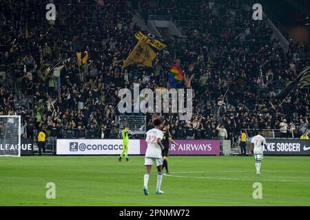 Los Angeles, United States. 11th Apr, 2023. LAFC fans seen cheering during the MLS Quarterfinals between LAFC and Vancouver at BMO Stadium. Final Score; LAFC 3:0 Vancouver. (Photo by Jon Putman/SOPA Images/Sipa USA) Credit: Sipa USA/Alamy Live News Stock Photo