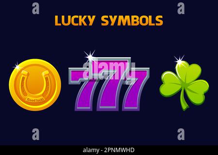 Lucky symbols - seven, clover and horseshoe. Icons for slots and casino game Stock Vector