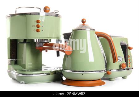 Coffee machine, electric kettle and toaster isolated on white background Stock Photo