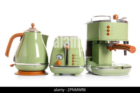 Electric kettle, toaster and coffee machine isolated on white background Stock Photo